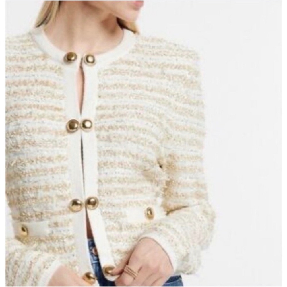 Express Womens M Lady Jacket Cream Gold Tweed Knit Cardigan Old Money Classic - Picture 2 of 12
